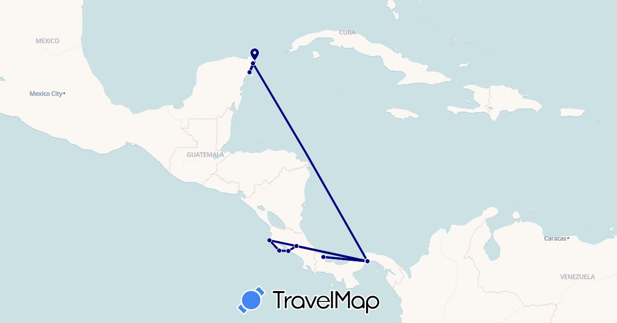 TravelMap itinerary: driving in Costa Rica, Mexico, Panama (North America)